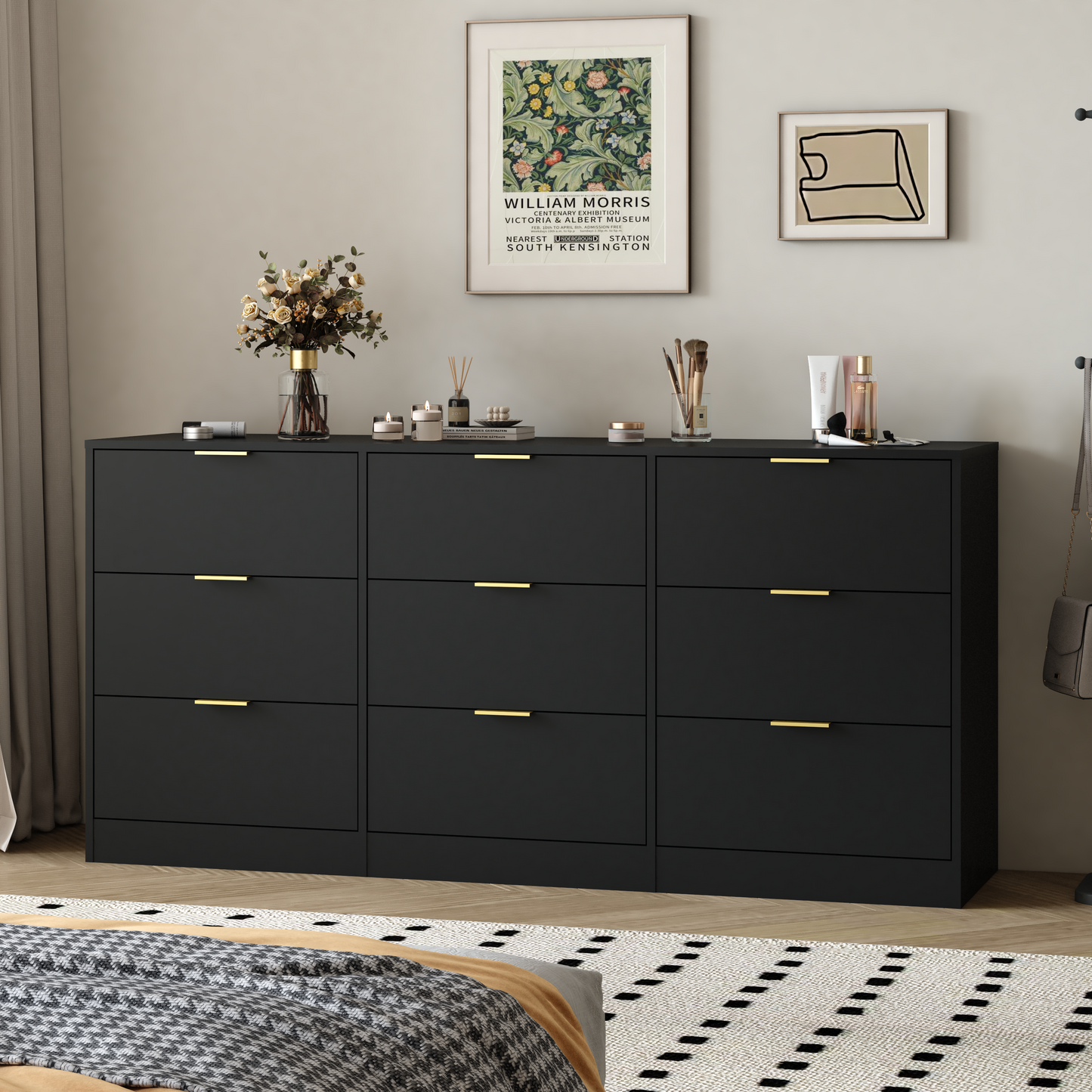 Black 9 Drawer Dresser, 63 Large Deep Chest Of Drawers, Wooden Dresser Storage Cabinet With 9 Drawers For Bedroom, Long Dressers For Living Room, Hallway
