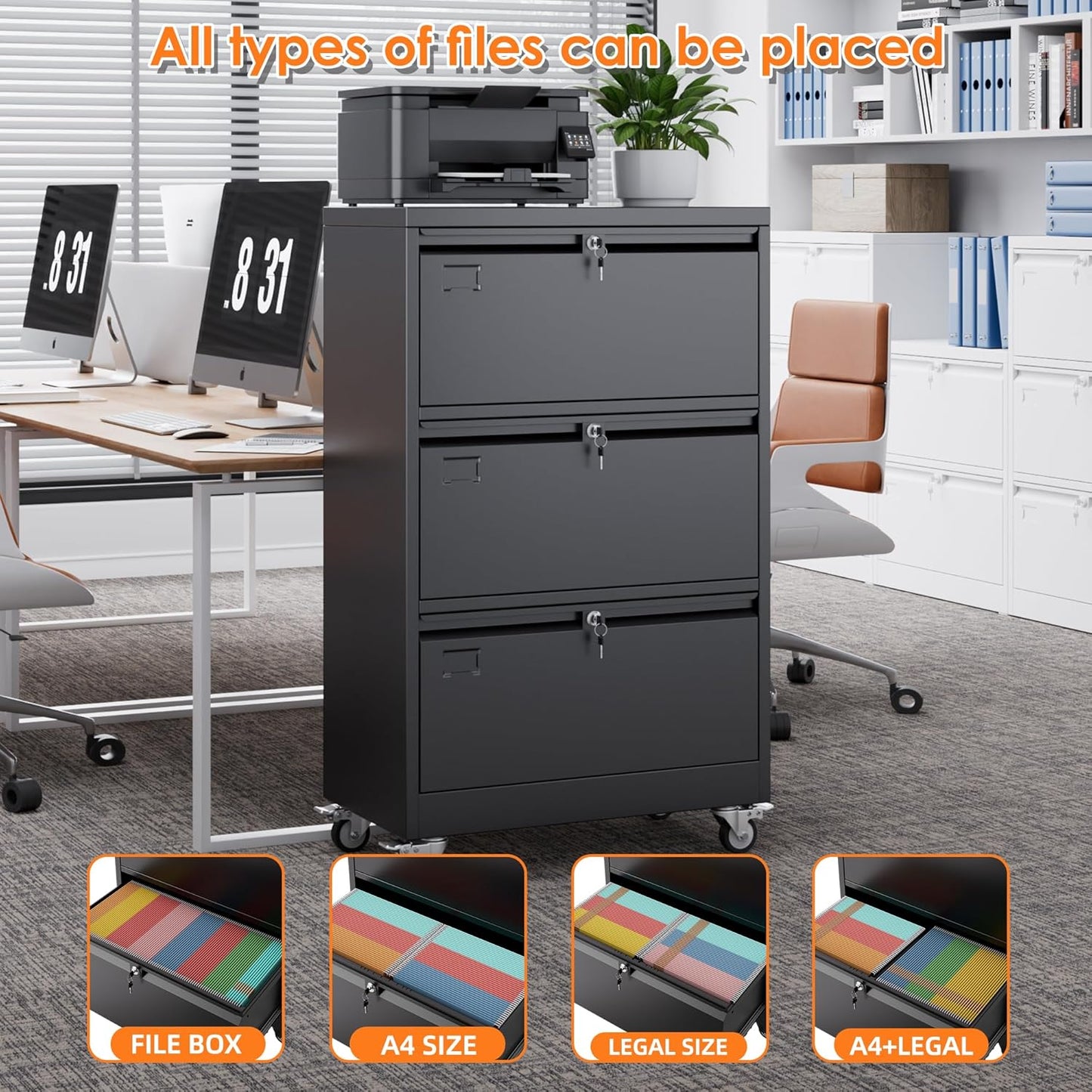 Aobabo 3 Drawer Lateral File Cabinet With Wheels,Metal Filing Cabinet With 3 Lock, For Home Office School Hanging Files Letter Legal F4 A4 Size, Assembly Required, Black