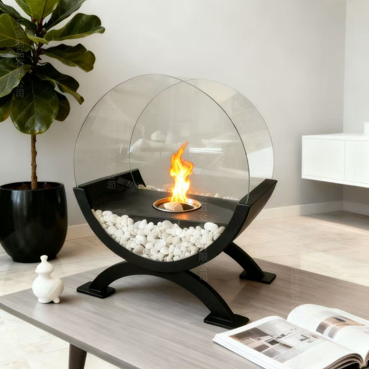 Large Round Glass Tabletop Fireplace  Portable Fire Bowl Clean Burning Fire Pit For Indoor, Outdoor, Patio & Party Events
