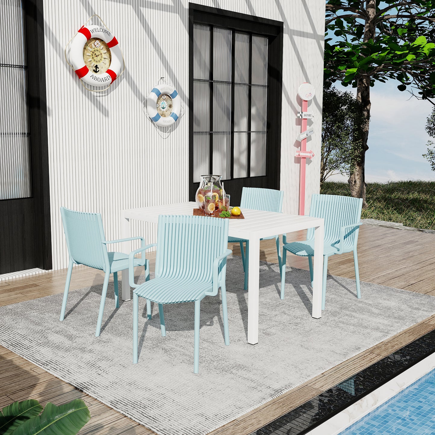 Holiday - 4pcs Light Blue Stackable PP Armchair For Indoor Outdoor Use  Ergonomic Slatted Back With 55 Inch White Modern Long Table - Indoor Outdoor- Lightweight PP Tabletop With Metal