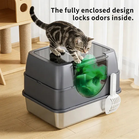 Fully Enclosed Stainless Steel Cat Litter Box White - 2025 Top Pick, Odor Lock, No Litter Scatter, Easy Clean