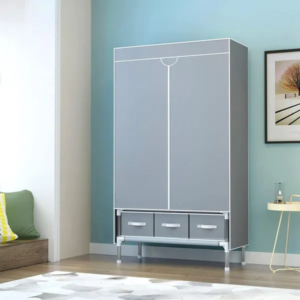 Portable Clothes Closet Rolling Door Wardrobe With Hanging Rack Non-Woven Fabric Storage Organizer With Three Drawer Boxes No-Tool Assembly - 35.4 X 17.7 X 67.0 In Gray