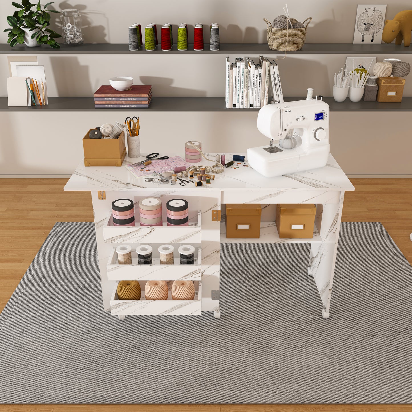 4-in-1 Folding Sewing Table With Lockable Wheels - Multi-Functional Craft Station  End Table  Computer Desk & Kitchen Storage With Shelves  White Rolling Sewing Machine Table For Apartments
