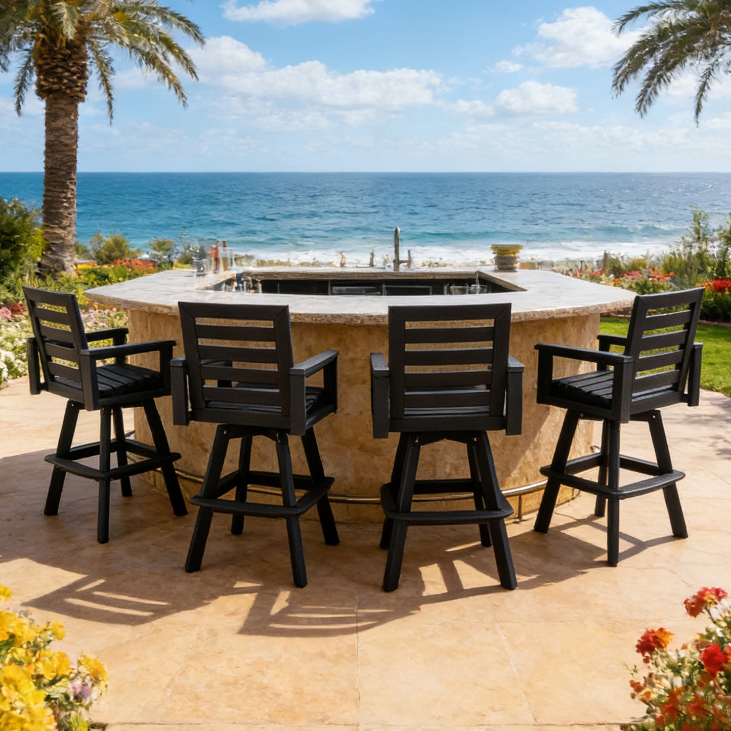 Outdoor Swivel Bar Stools, Carbon HDPE High-Density Polyethylene Patio Bar Chair With 360 Swivel & Ladderback, All-Weather Bar Height Stool For Deck, Porch, Poolside, Hot-Embossed Wood Grain