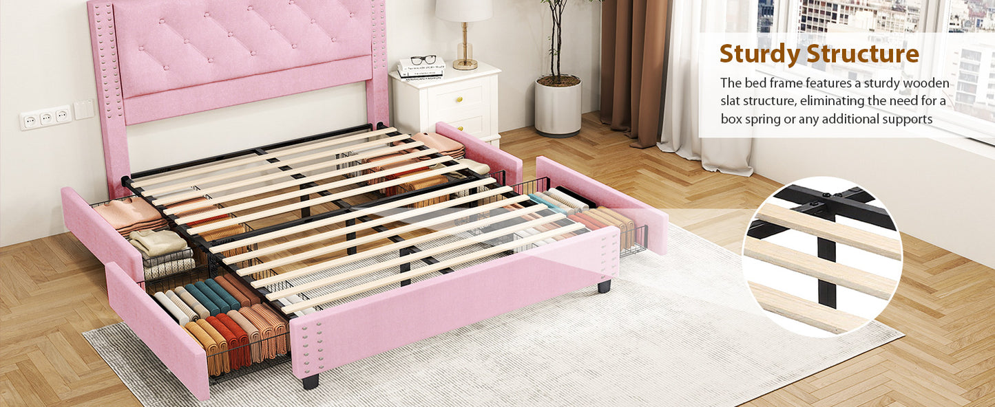 Full Size Bed Frame With Upholstered Button Tufted Headboard Wood Slat Support Metal Platform Bed Frame With 4 Drawers No Box Spring Needed Easy Assembly For Home