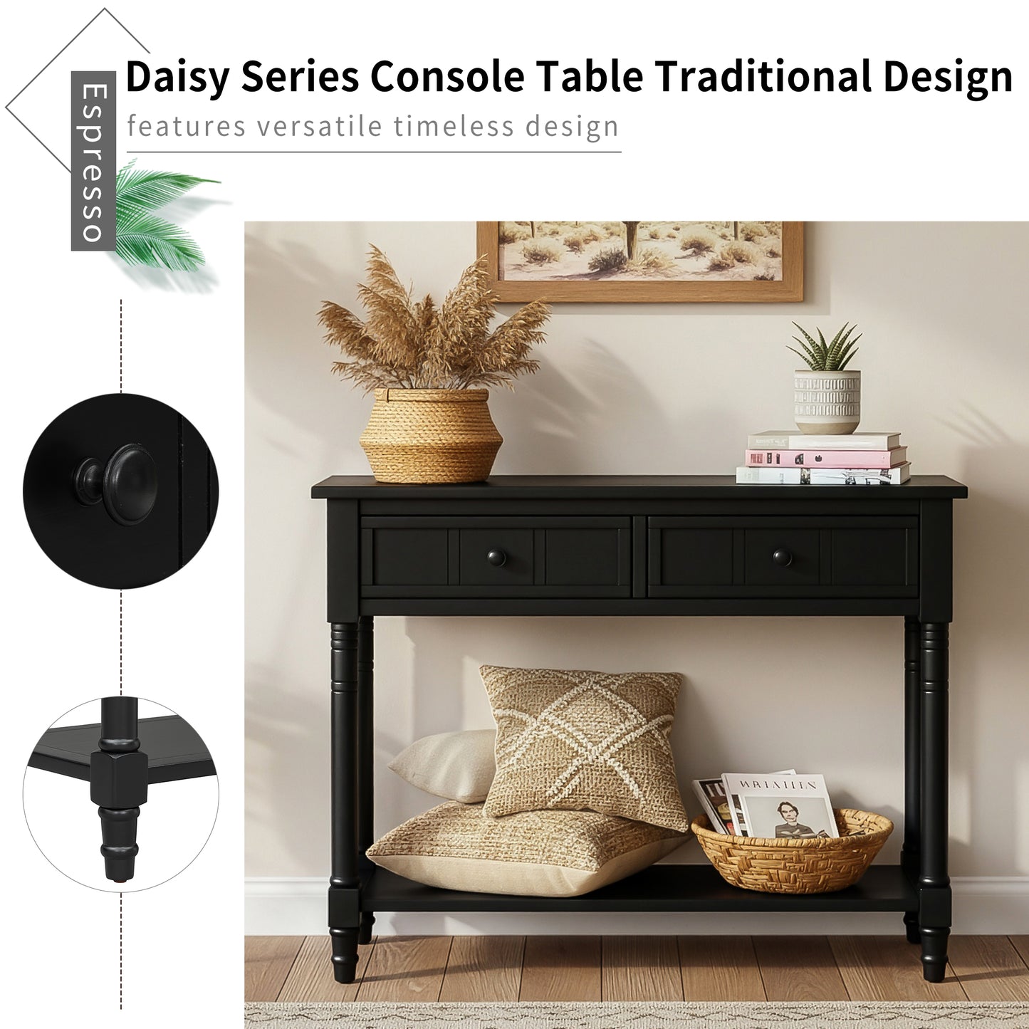 TREXM Daisy Series Console Table Traditional Design With Two Drawers And Bottom Shelf  Black