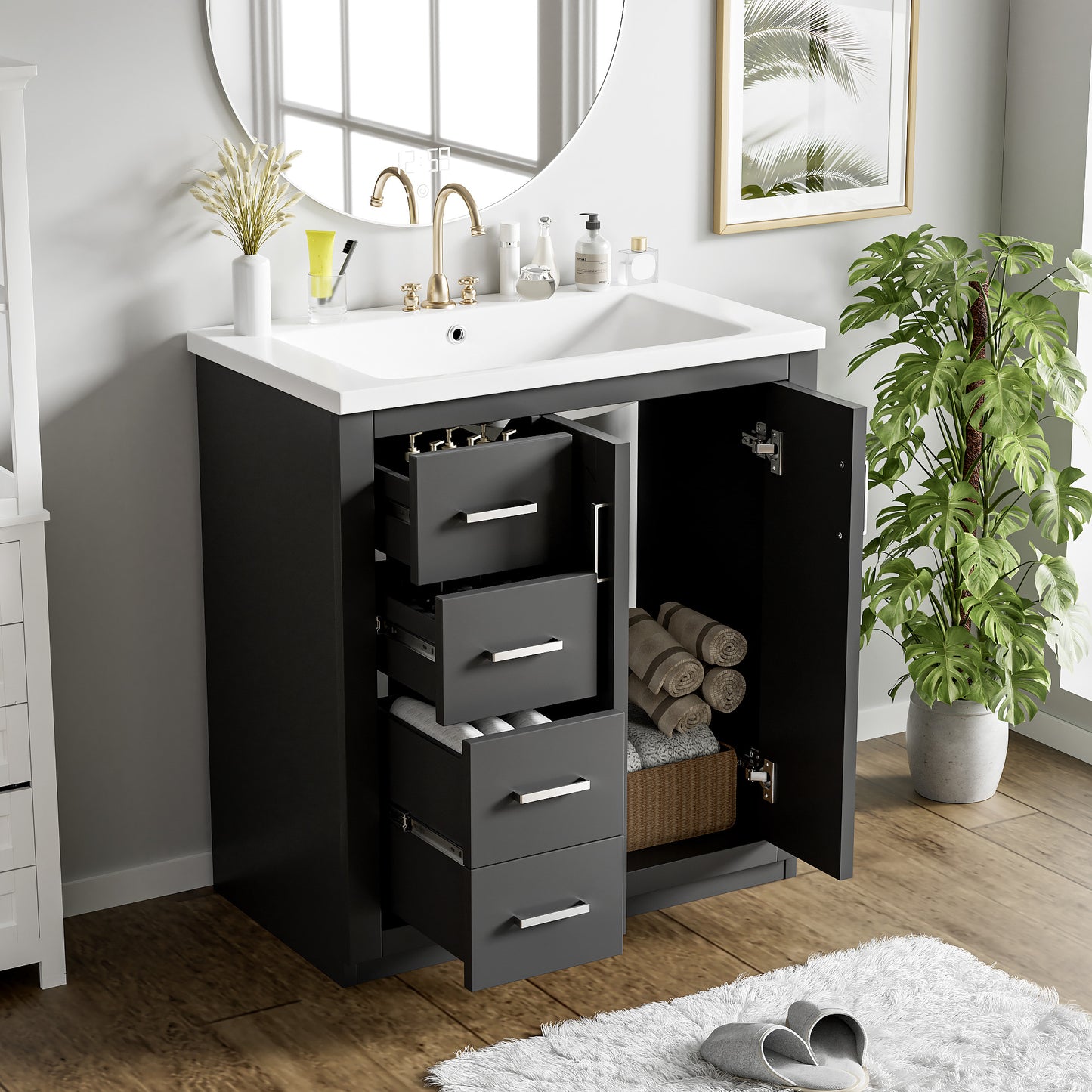 30'' Bathroom Vanity With Ceramic Sink Combo,Solid Wood Frame Bathroom Storage Cabinet, Freestanding Vanity Set With 3 Drawers& Soft Closing Doors