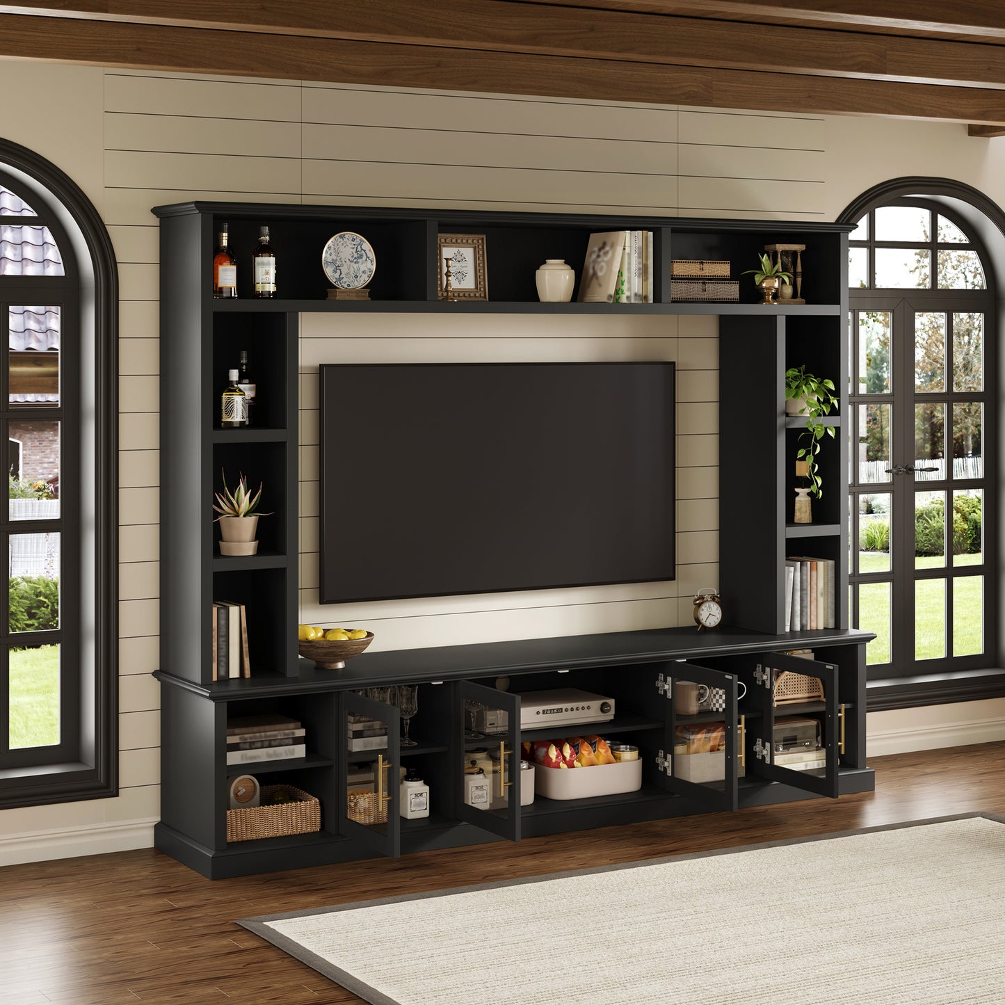 Entertainment Center Wall Unit For TVs Up To 80  , All-in-One Modern TV Stand With Bookshelves & Tempered Glass Doors, TV Console Unit With Shelving For Living Room, Entertainment