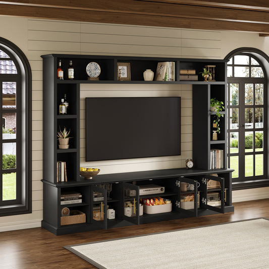 Entertainment Center Wall Unit For TVs Up To 80  , All-in-One Modern TV Stand With Bookshelves & Tempered Glass Doors, TV Console Unit With Shelving For Living Room, Entertainment