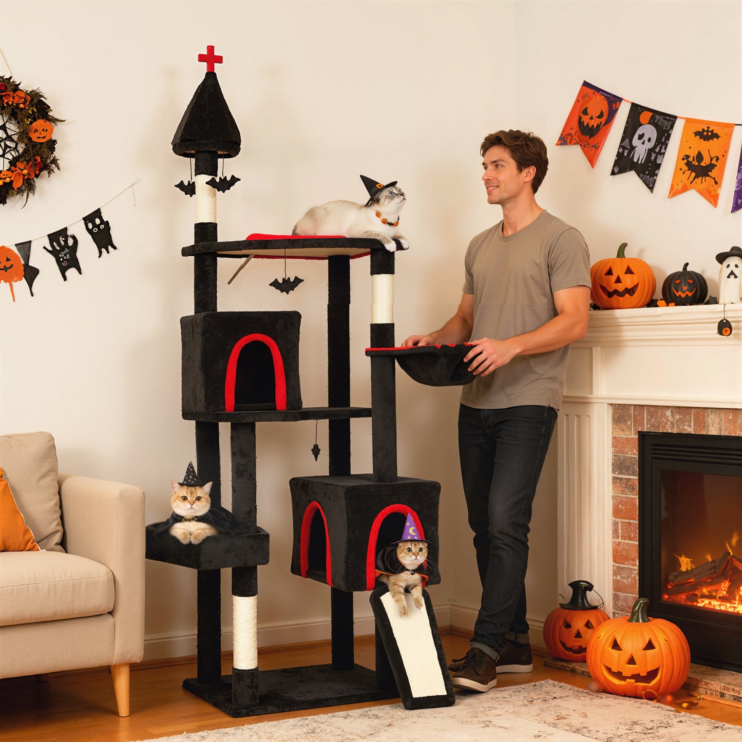 78" Gothic Cat Tree, Cat Tower With Coffin Bed, 2 Spacious Condos, Sisal Scratching Posts, Bat Hanging Balls, Halloween