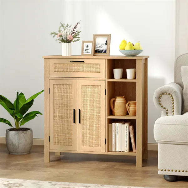 Natural Rattan Buffet Sideboard, Pull-Out Drawer & 3 Open Shelves, 3-Position Adjustable Cabinet Shelf