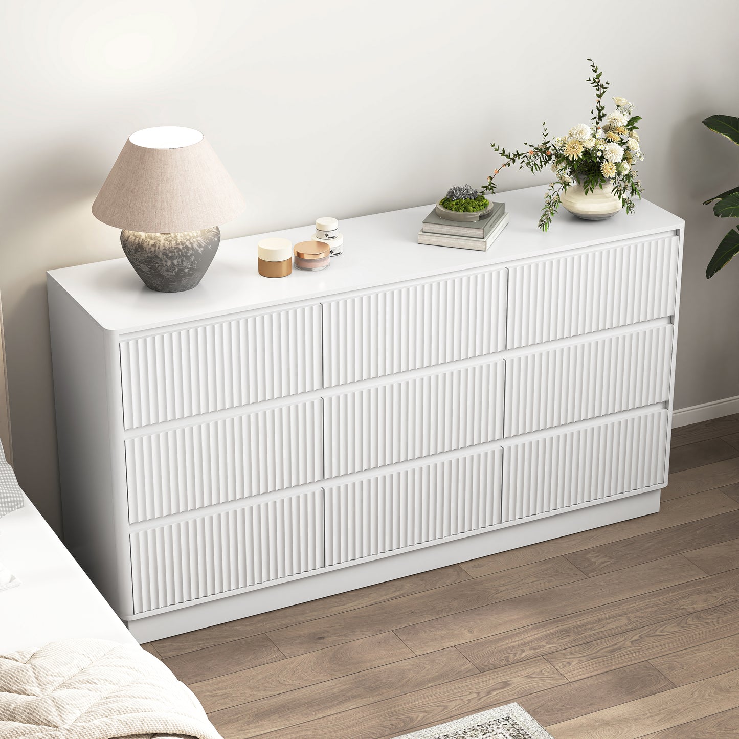 9 Drawer Dresser For Bedroom With Large Drawers, Wood Dresser, Large Floor Chest Of Drawers, Modern Long TV Stand, Mid Century Storage Cabinet Side Table, White