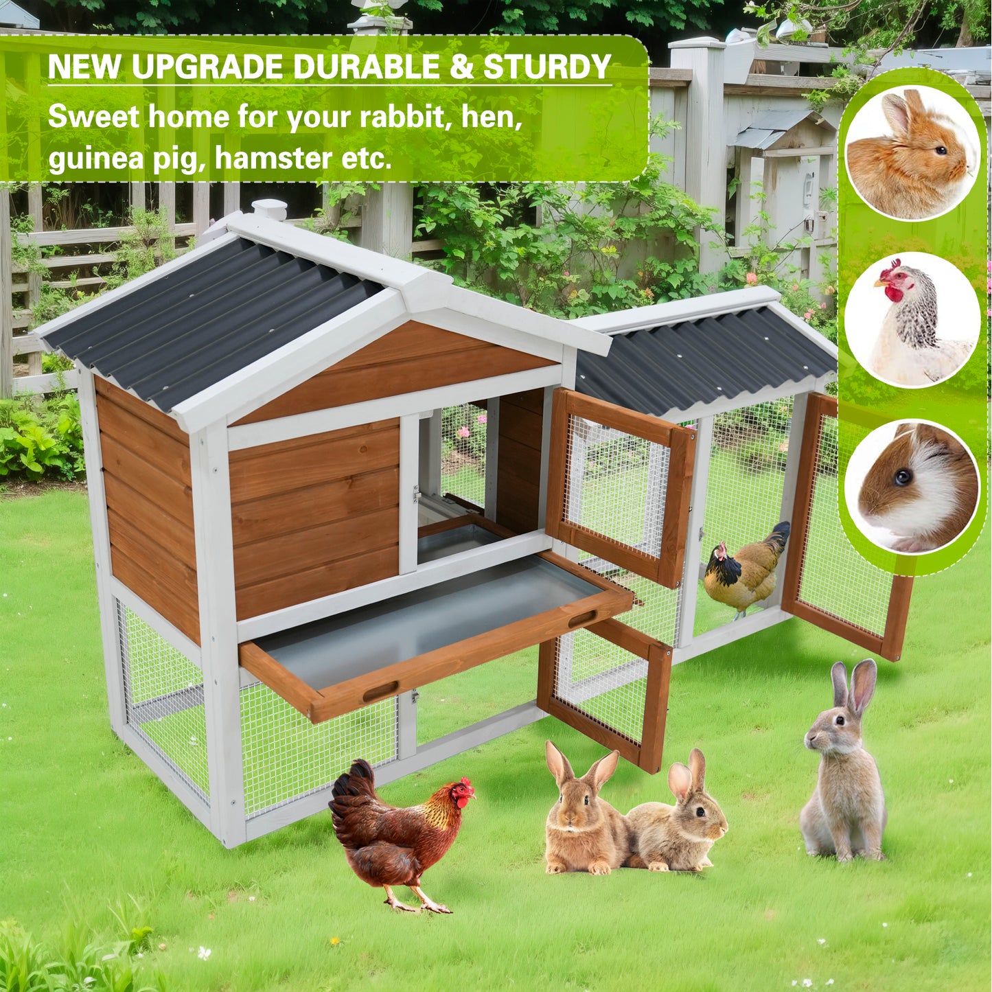 58  Wooden Outdoor Indoor Roof Waterproof Bunny Hutch Rabbit Cage Guinea Pig Coop PET House For Small To Medium Animals With Stairs And Cleaning Tray