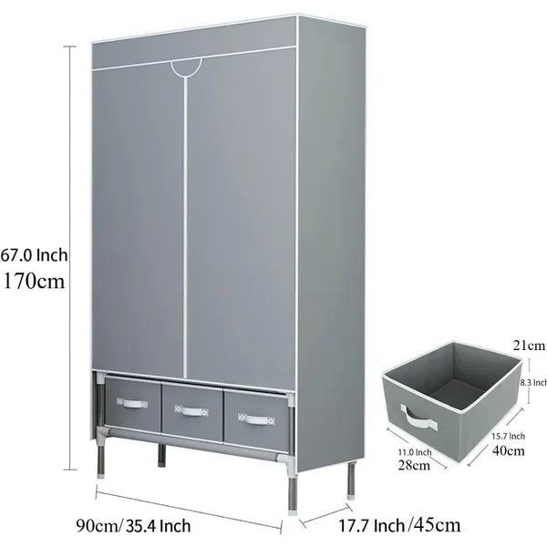 Portable Clothes Closet Rolling Door Wardrobe With Hanging Rack Non-Woven Fabric Storage Organizer With Three Drawer Boxes No-Tool Assembly - 35.4 X 17.7 X 67.0 In Gray