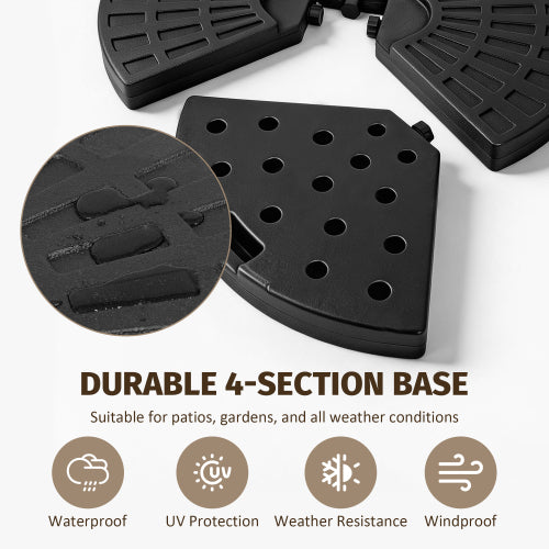 Heavy-Duty Fan-Style Cantilever Umbrella Base, 4-Panel Refillable With Water-Sand -220 Lbs- Weatherproof HDPE With Metal Lock Hooks, Stackable & Portable, Black -For Backyard, Lawn, Pool