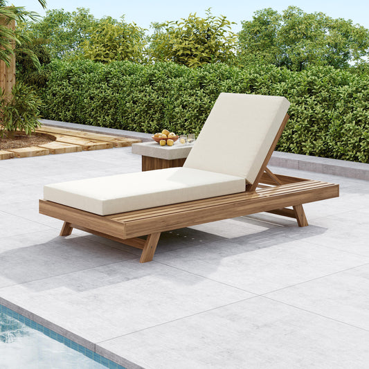 Lounge Chaise Set, Space Available On One Side, Acacia Wood In Light Brown With Water-Resistant Lounge Cushions  Cream & 4 Inch Thick   Matching Dark Grey Version Available