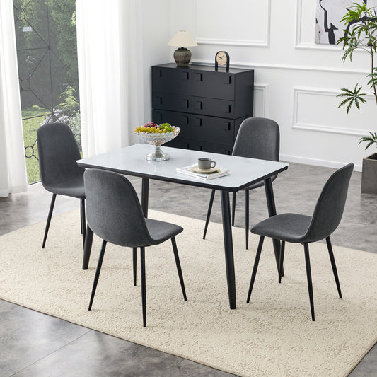 Table And Chair Set.Modern Dining Table. White Imitation Marble Texture Glass Top    Lower Black MDF Board,black Metal Legs.Paired With 4 Dark Gray Linen-Cotton Material Dining Chair With Metal Leg.