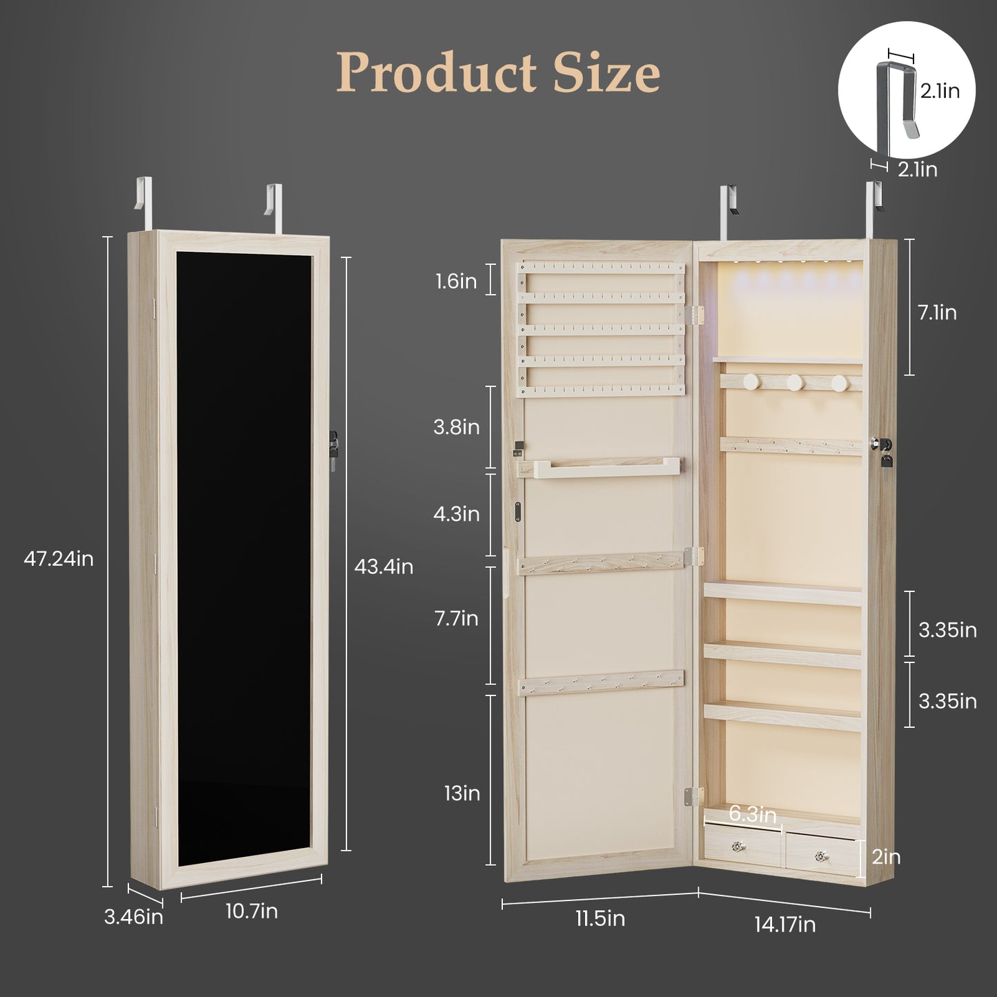 Full-Length Mirror Jewelry Armoire With 6 LED Lights, Wall-Mounted Large, Cosmetics Storage Space, Three Colors