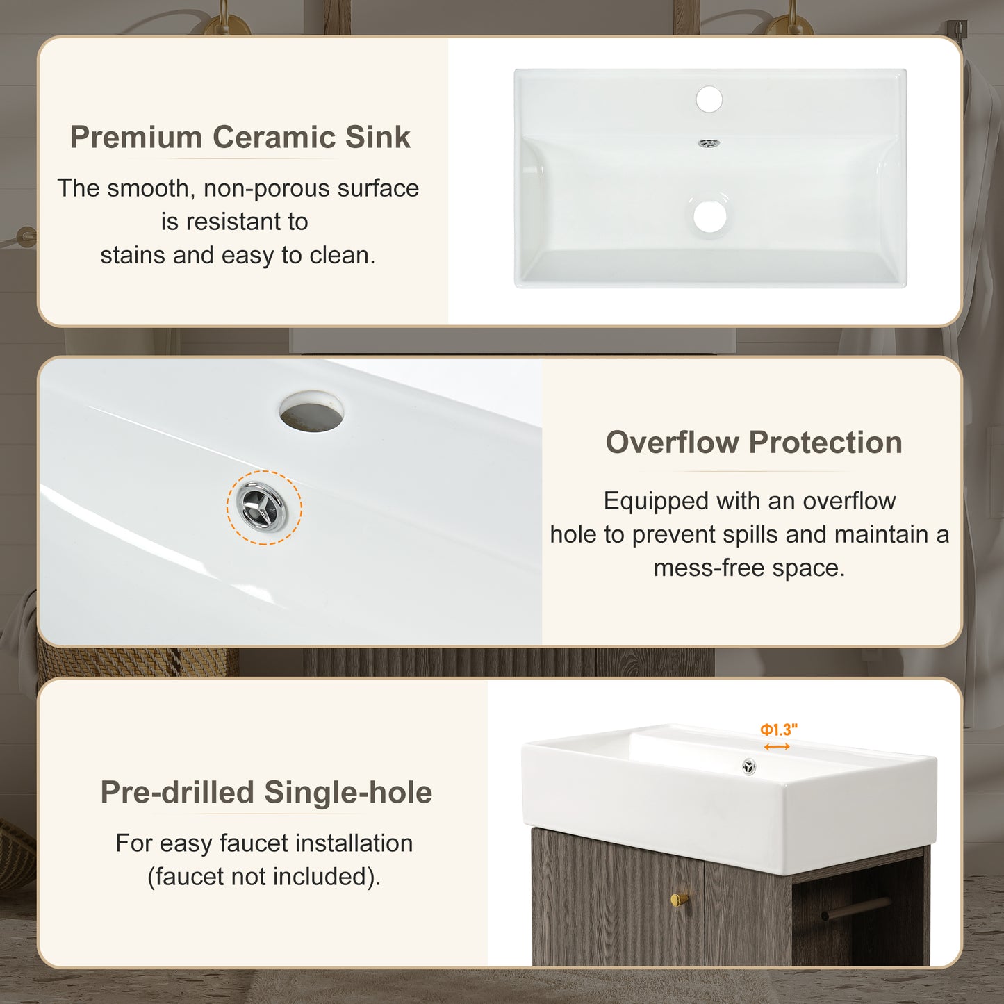 21.6  Bathroom Vanity With Ceramic Sink, Freestanding Modern Left Door Wood Grain Cabinet With Open And Closed Storage