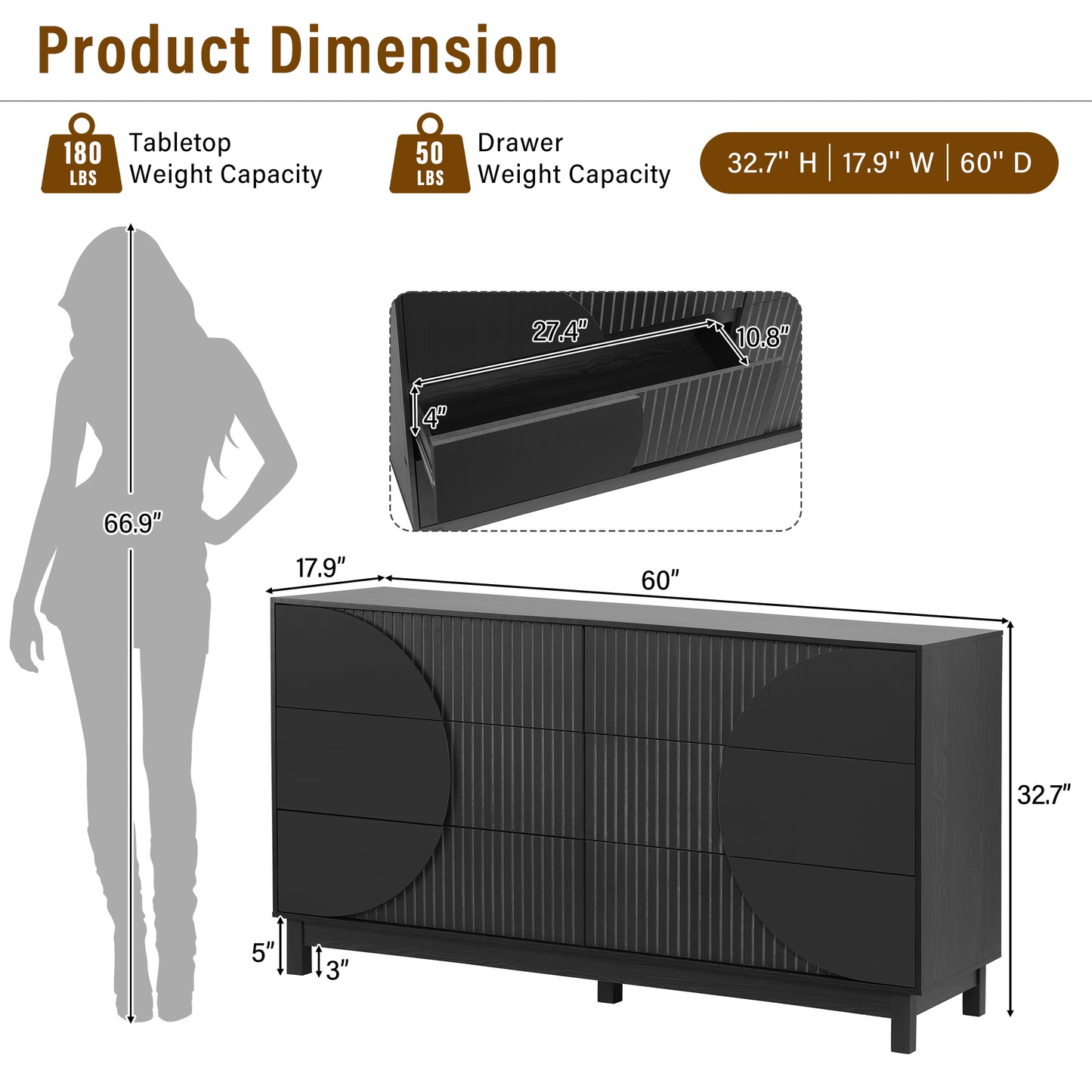 Modern 6 Drawer Fluted Dresser, 60   Wide Modern Chest Of Drawers, TV Stand With Solid Wood Legs, Clothes Organizer With 6 Deep Drawers, Storage Cabinet For Bedroom, Living Room, Entryway,Carbon Black
