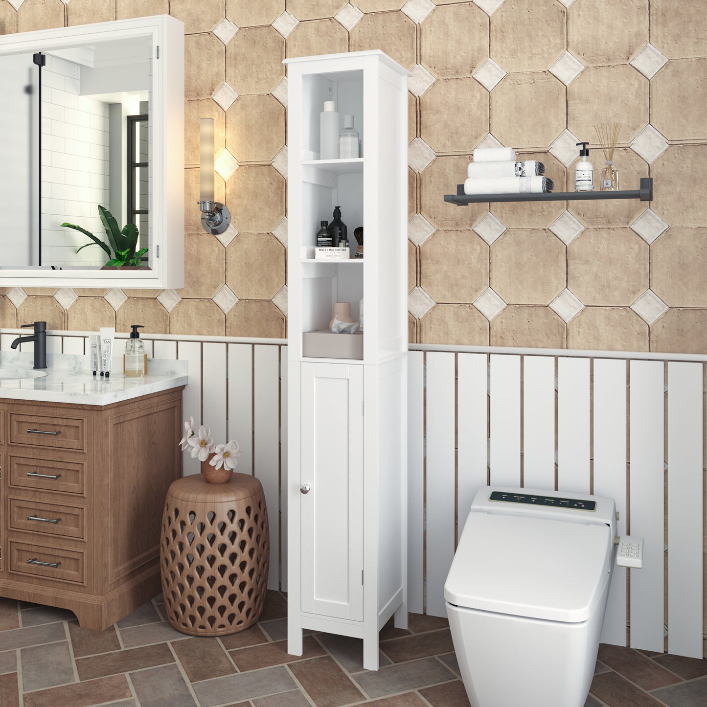 66.92 Tall Bathroom Storage Cabinet With Adjustable Shelves,Slim 1 Doors Freestanding Cabinet With Anti-Tip, Open Compartments, For Home, Small Spaces, Bathroom,Kitchen, Living Room, White