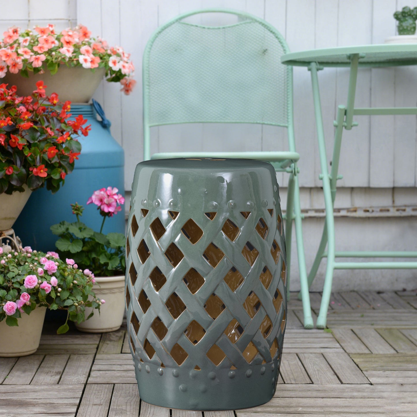 13" X 18" Ceramic Garden Stool With Woven Lattice Design & Glazed Strong Materials Decorative Outdoor Stool, Green