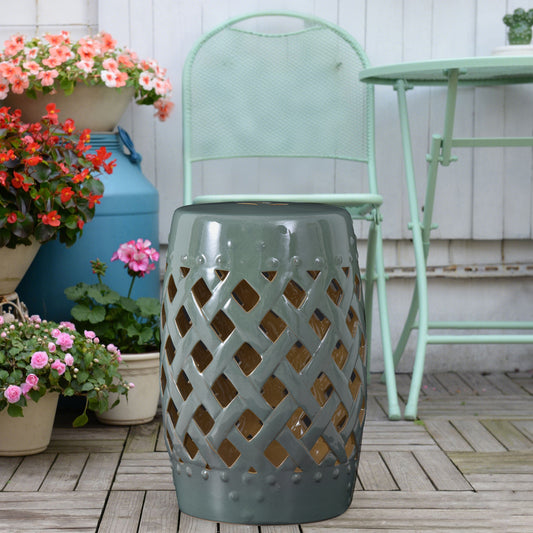 13" X 18" Ceramic Garden Stool With Woven Lattice Design & Glazed Strong Materials Decorative Outdoor Stool, Green