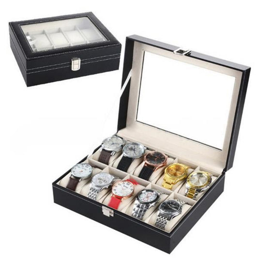 10 Compartments High-grade Leather Watch  Storage Box Black