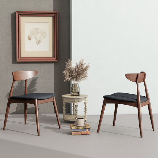 Set Of 2 Retro Rubberwood Chairs With Ergonomic Back & Plush Cushions, Walnut-Charcoal