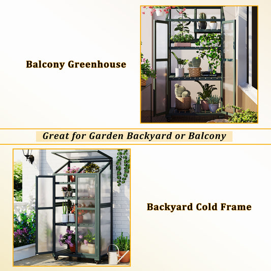 TOPMAx 62inch Height Wood Large Greenhouse Balcony Portable Cold Frame With Wheels And Adjustable Shelves For Outdoor Indoor Use  Forest Green