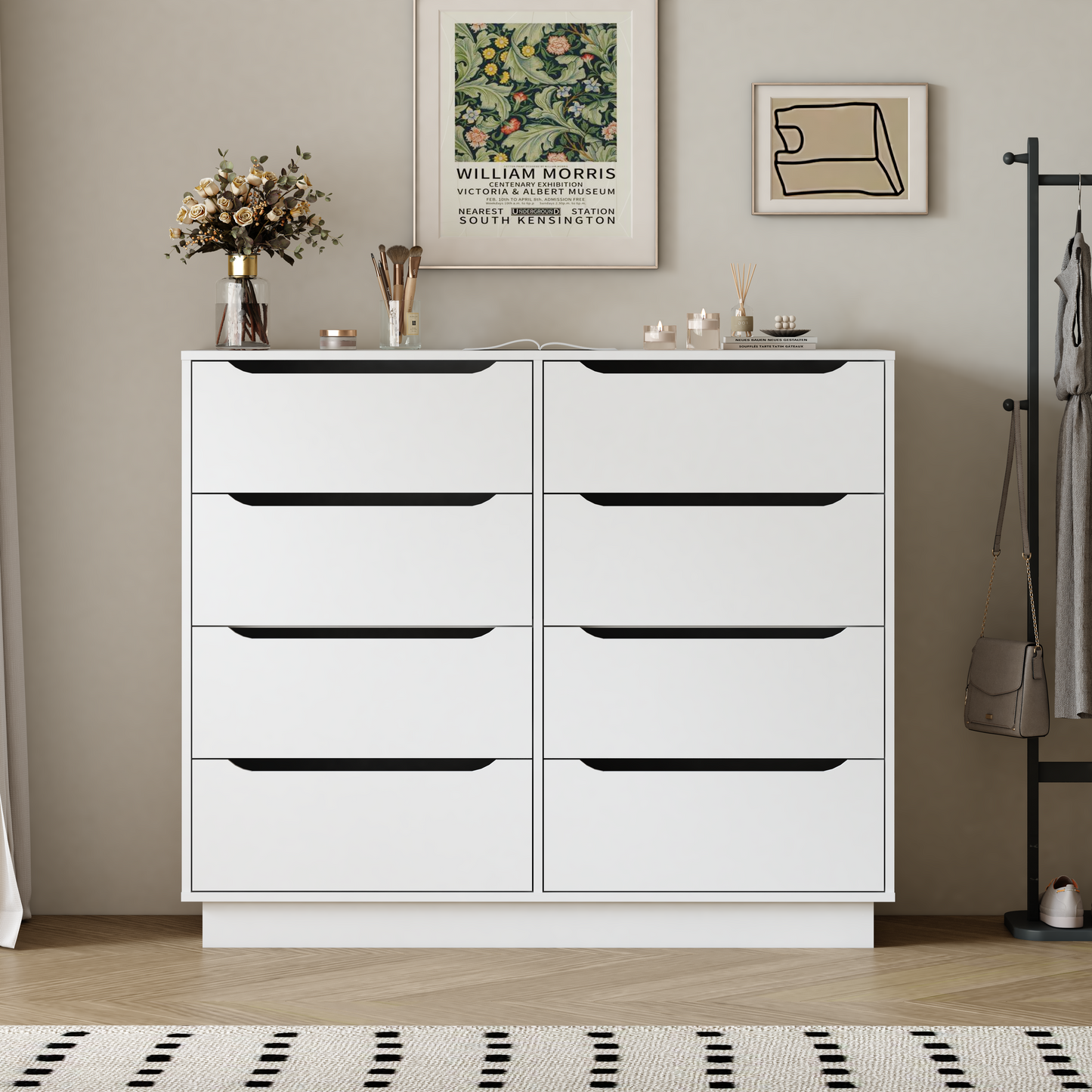 White Dresser For Bedroom, Long Dresser With 8 Drawers, 47.2''W Wooden Dressers Chest Of 8 Drawers, Large Capacity Clothing Storage Cabinet, Wide Dressers For Bedroom Living Room Entryway