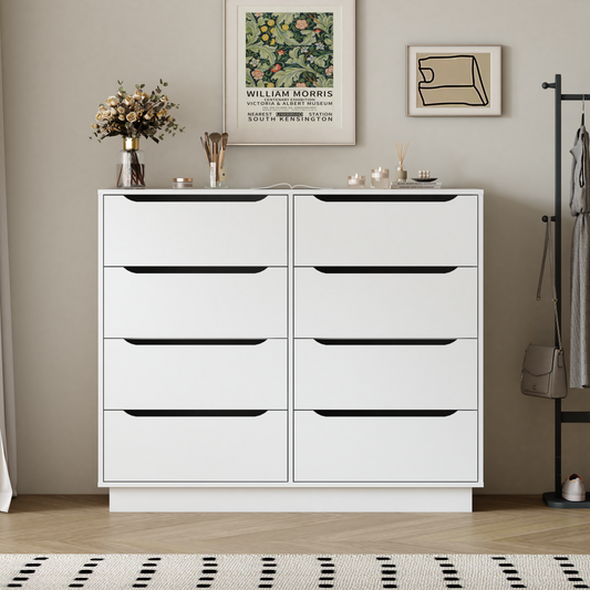 White Dresser For Bedroom, Long Dresser With 8 Drawers, 47.2''W Wooden Dressers Chest Of 8 Drawers, Large Capacity Clothing Storage Cabinet, Wide Dressers For Bedroom Living Room Entryway