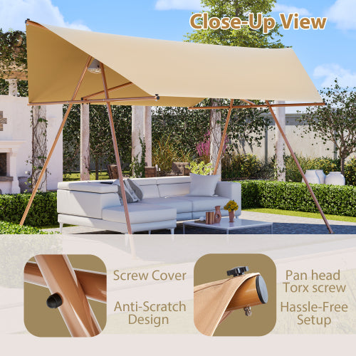 Hexagonal Shade Sail Canopy, Large 206in X118in UV Block Sun Shade With UPF 50-, Waterproof High-Density Polyester Fabric, Brown Rust-Resistant Poles & Built-in Hooks For Patio  -Light Khaki
