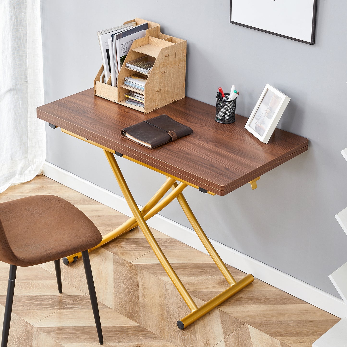 Modern Minimalist Multifunctional Lift Table With 0.8 Inch Thick MDF Desktop And Golden Metal Legs,can Be Used As A Dressing Table, Coffee Table, Dining Table, And Office Table.Walnut Textured Desktop