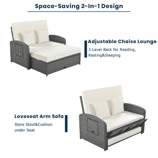 TOPMAX PE Wicker Rattan Double Chaise Lounge, 2-Person Reclining Daybed With Adjustable Back And Cushions, Free Furniture Protection Cover, White