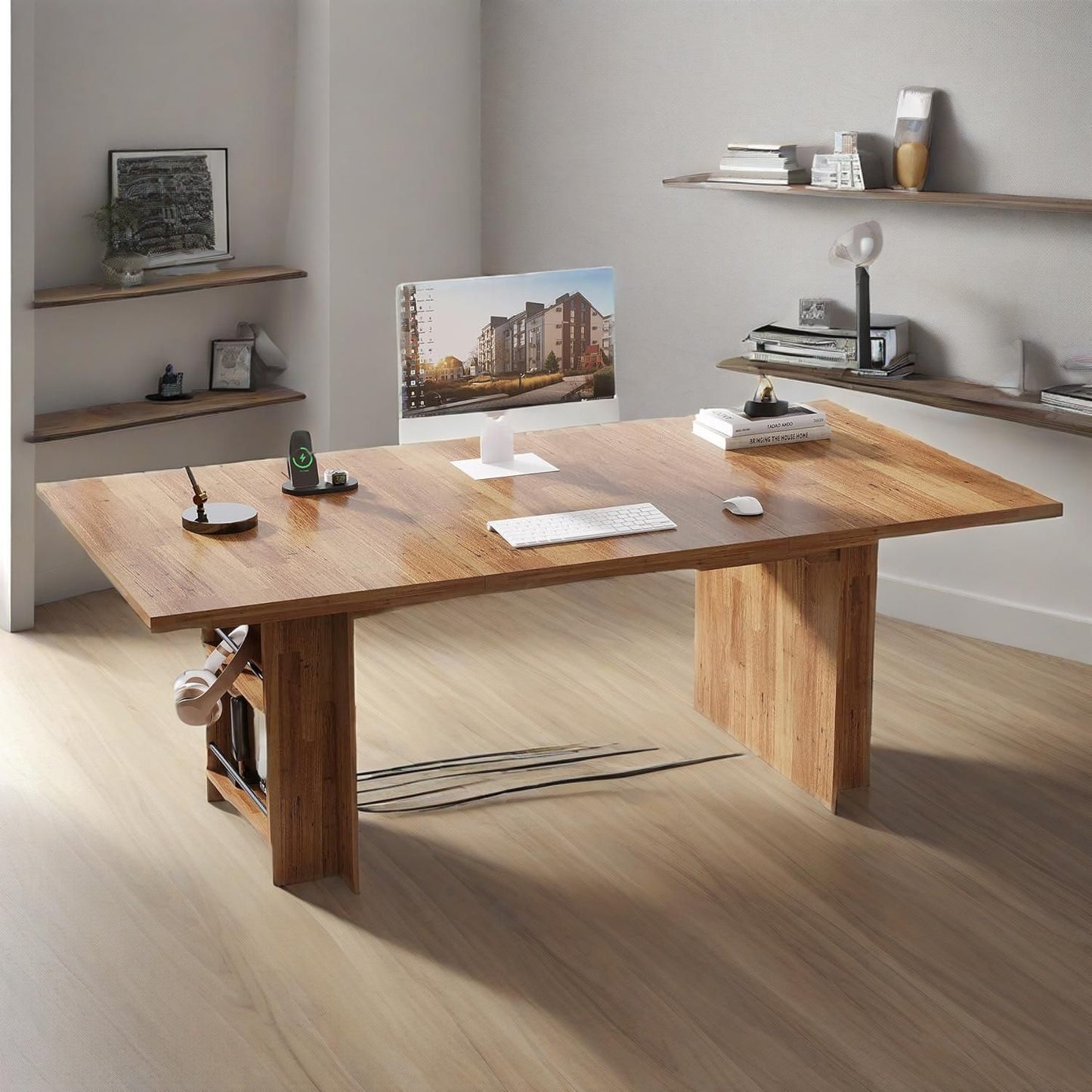 62.99-Inch Computer Desk, Modern Executive Office Desk, Large Long Writing Table With Storage Shelves
