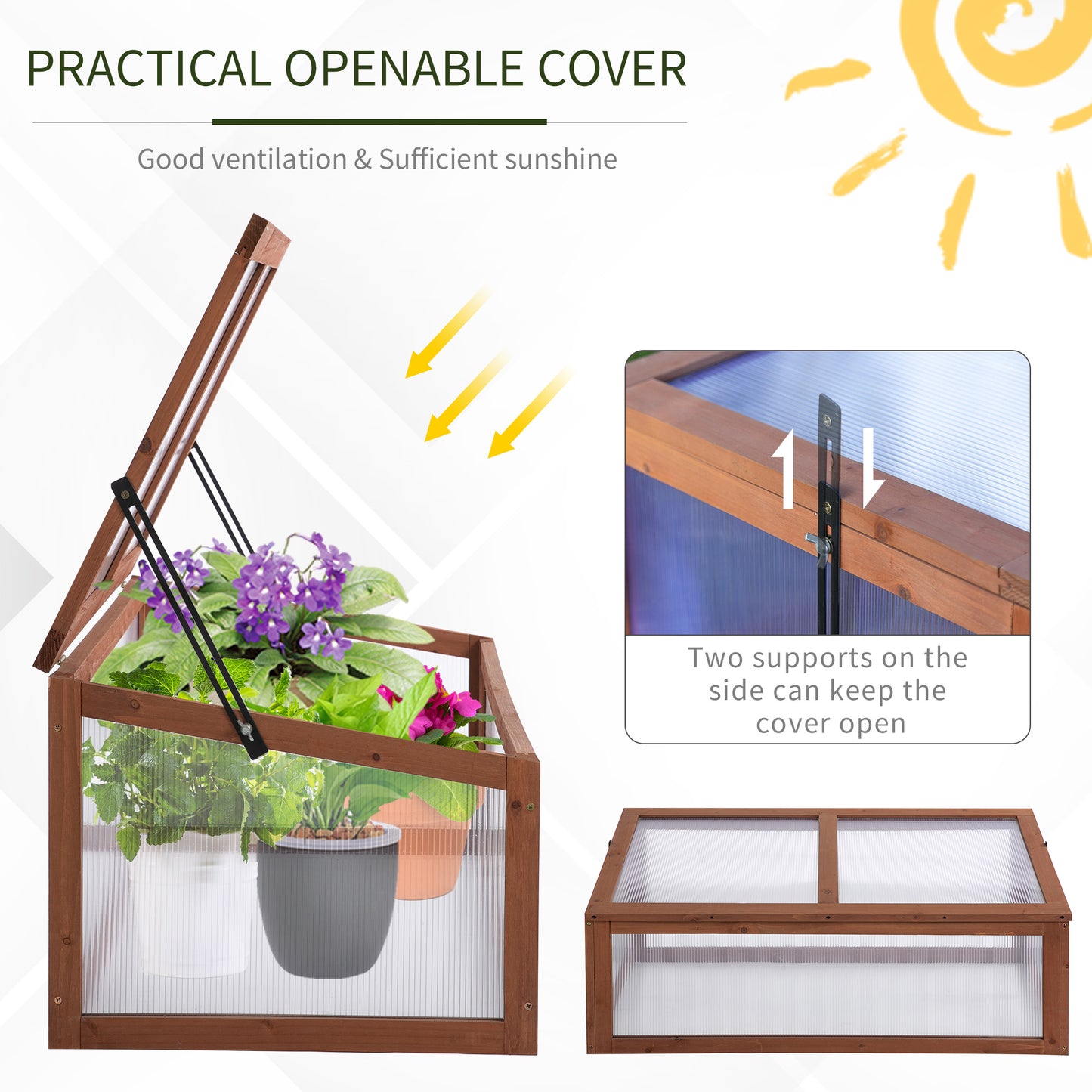Wooden Cold Frame Greenhouse, Mini Greenhouse With Polycarbonate Board And Solid Wood Frame, Green House Cold Frame, Indoor Outdoor Terrarium Planter Box, 39" X 26" X 16", Natural