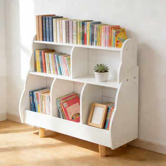 3 Tier Kids Bookshelf Toy Storage Organizer Toddler Bookcase With 5 Open Storage Boxes Curved Design Solid Wood Legs For Nursery Living Room Playroom White