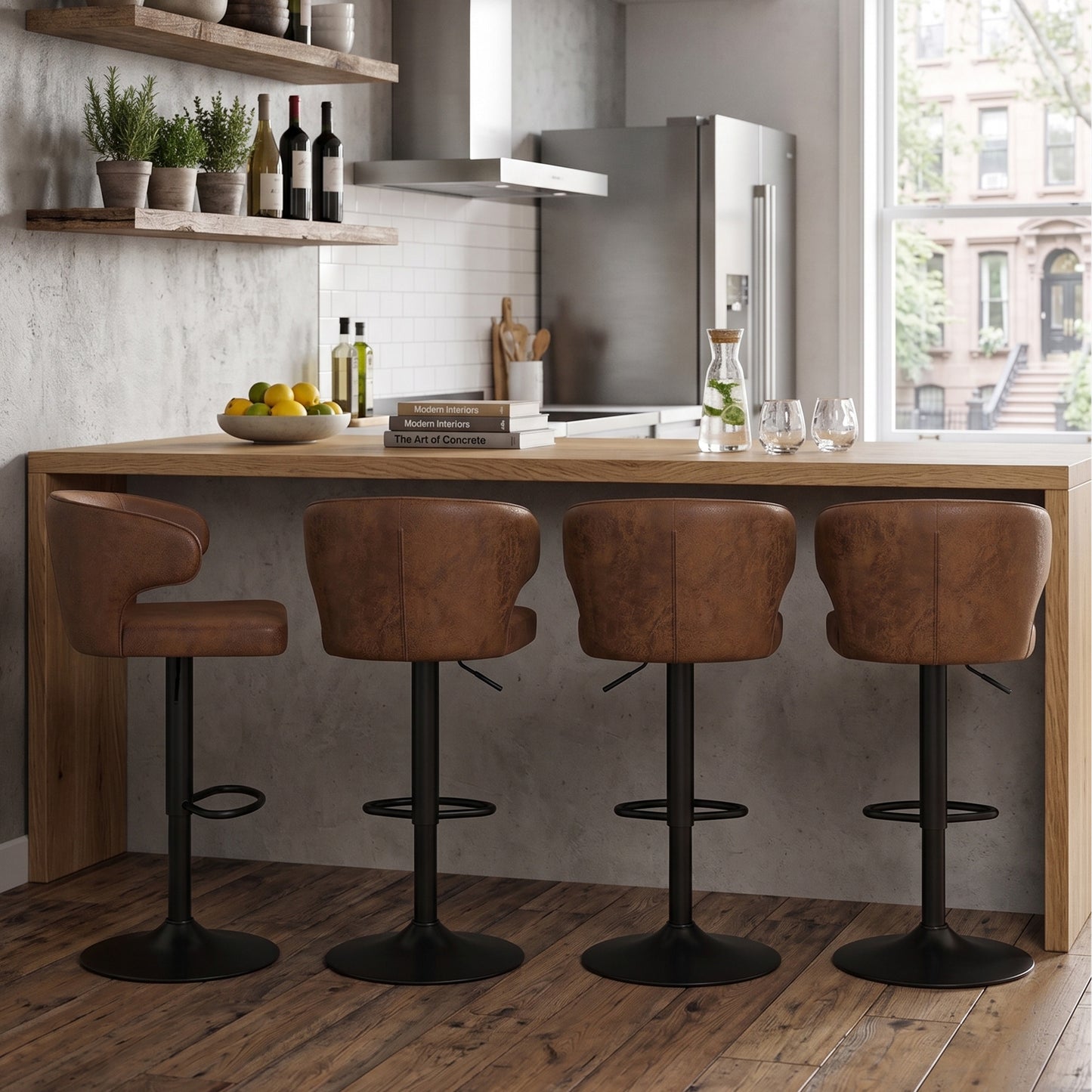Modern Rotating Adjustable Bar Chair, Suede With Backrest Swivel Chair, Suitable For Kitchen Bar And Dining Room, Height Adjustable, Load-bearing Up To 300 Pounds  Brown -4 Pieces