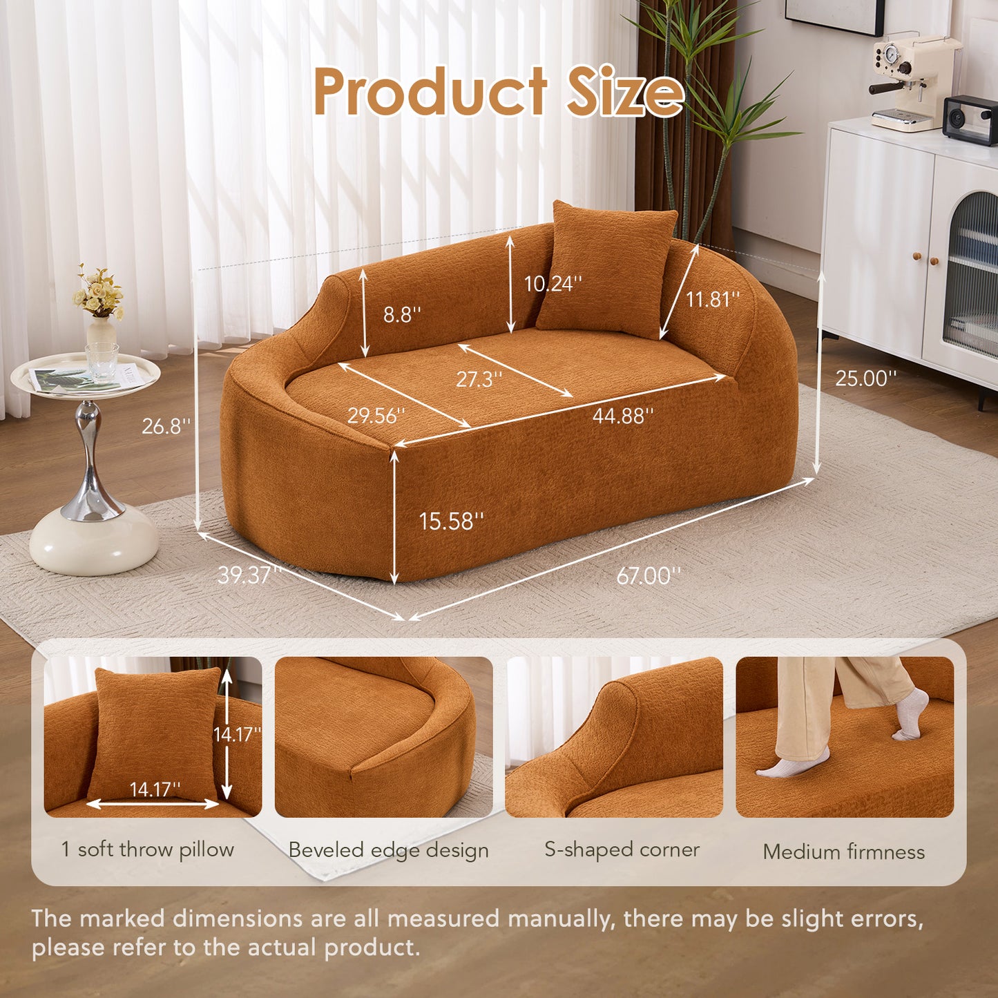 LY-048 Compression Curved Chaise Longue Chair Indoor  Modern Chenille Loveseat Couch With Deep Seat Sofa Bed With 1 Pillow  Sleeper Sofa Couch For Living Room  Bedroom  Apartment  Orange