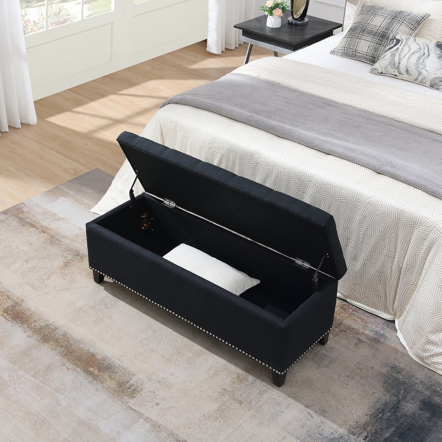 47.5  Storage Ottoman, Storage Bench With Safety Close Hinge, Linen Button-Tufted Ottoman For Living Room, Entryway, Hallway, Foot Rest, Support 500lbs - Black