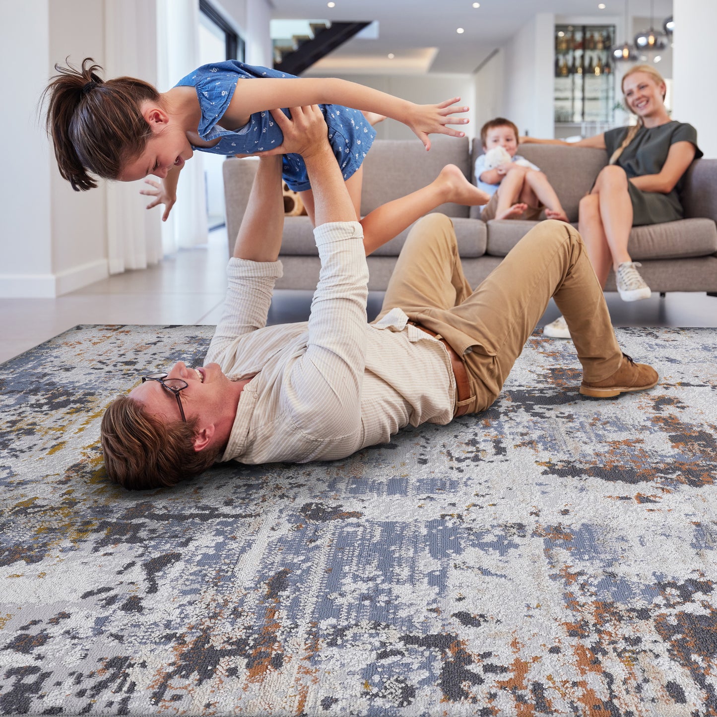 PAYAS 6X9 Ivory  Blue  Abstract Area Rug