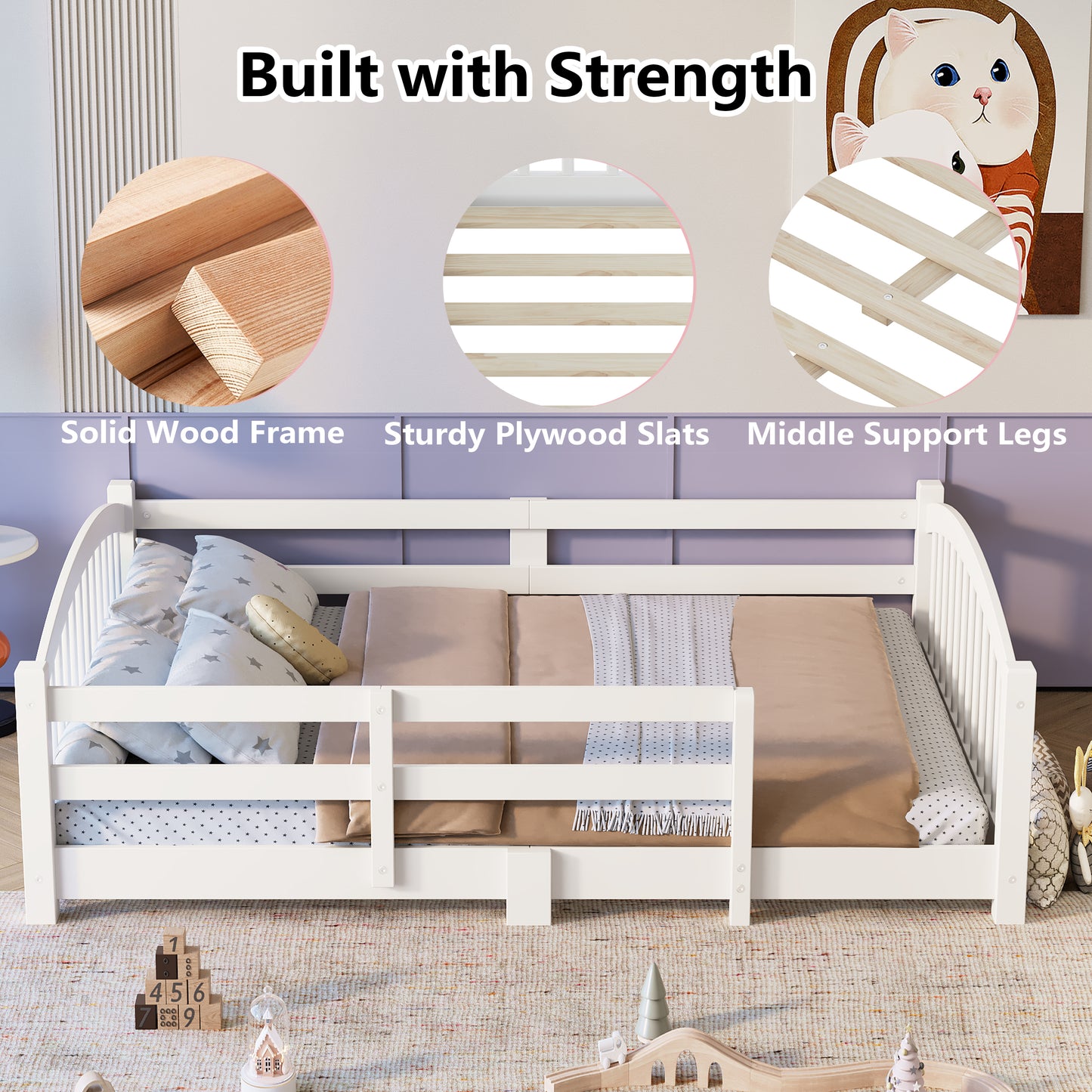 Twin Montessori Floor Bed With Slats And Safety Guardrails, Solid Wood Floor Bed With Fence And Without Door, Easy Assemble Montessori Bed For Girls And Boys, White