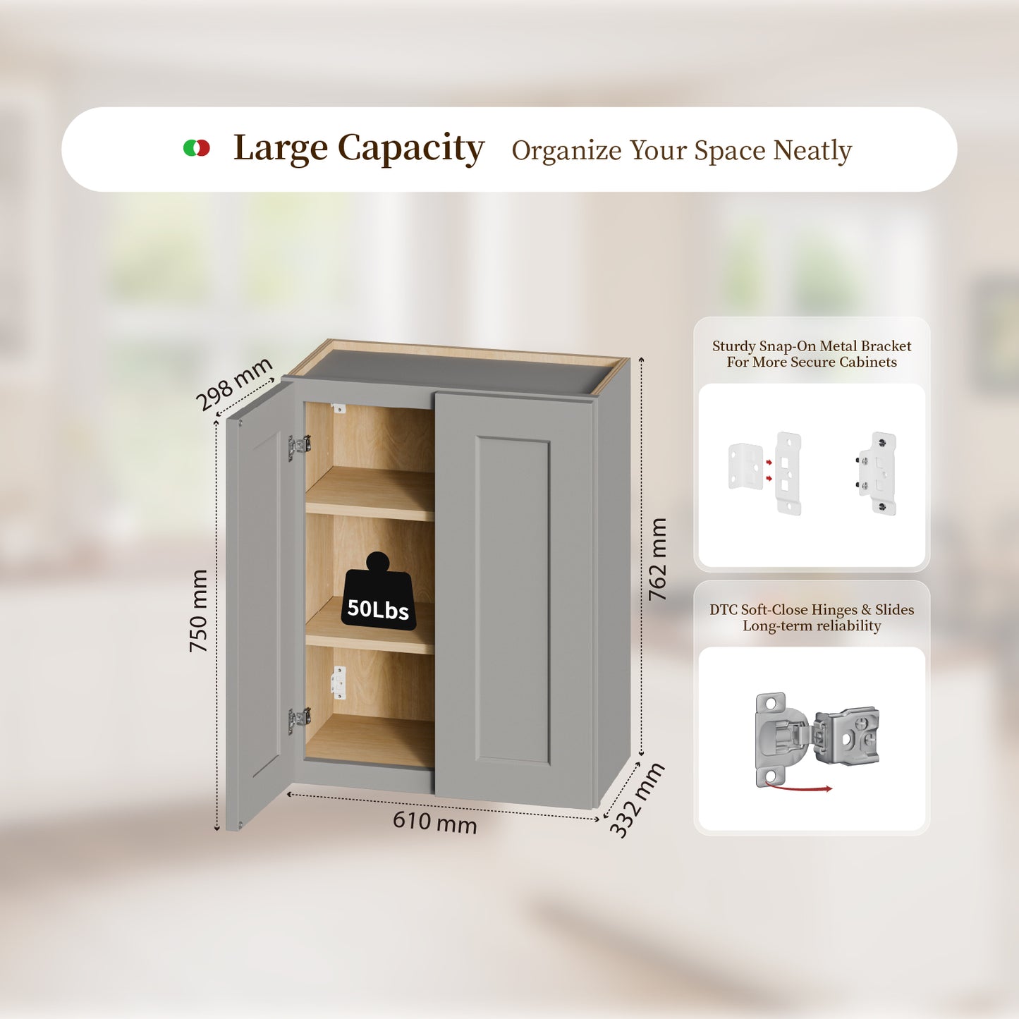 Gray Shaker Solid Wood Wall Cabinet With Soft-Close Doors, Adjustable Shelves - 24  Double Door Storage For Kitchen, Bathroom, Laundry, Garage  Easy Assembly, 24 W X 12 D X 30 H