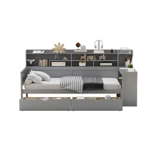 Wooden Twin Size Daybed With Storage Shelves, Multi-functional Bed With Two Storage Drawers And  Study Desk, Gray