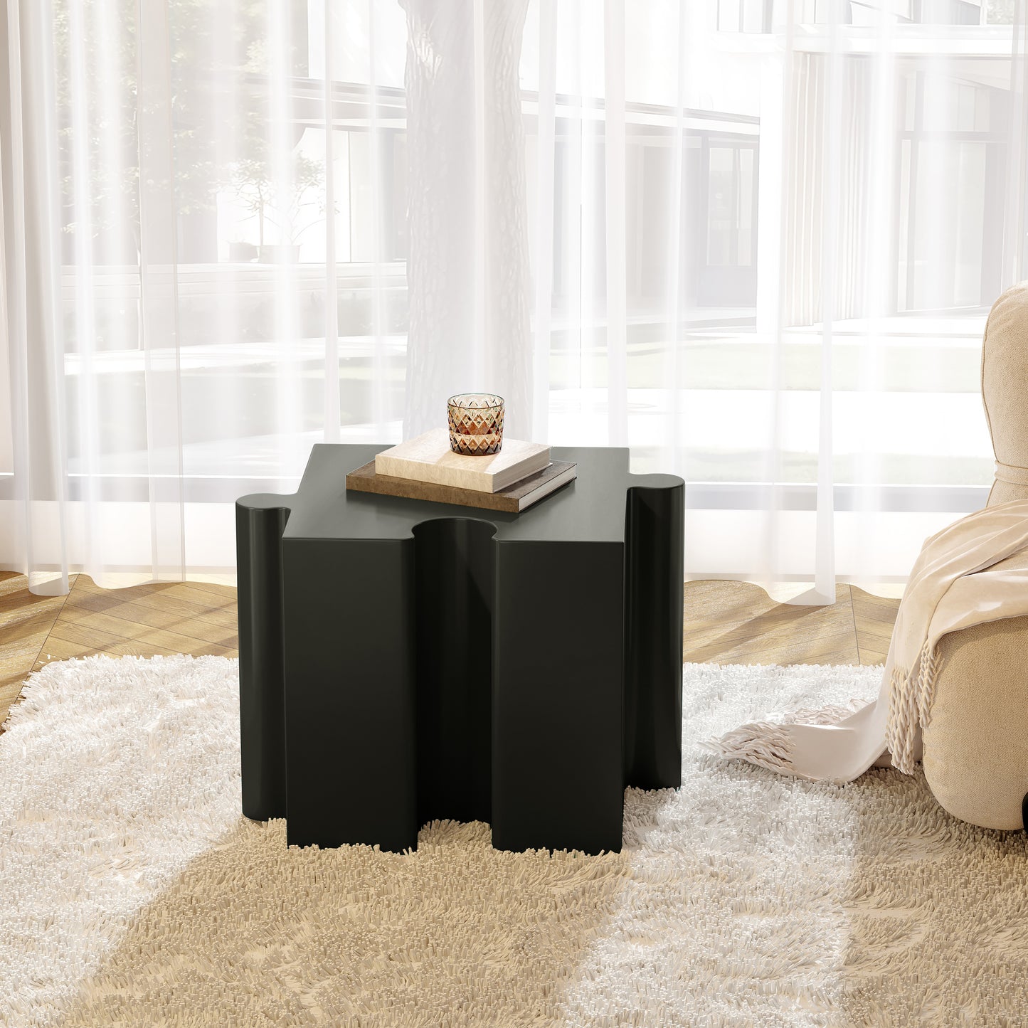 3-Piece Artistic Puzzle Table Set,Modular MGO Side Tables With Interlocking Design  2 Convex & 1 Concave , 200lb Capacity For Indoor & Outdoor,White & Black Color
