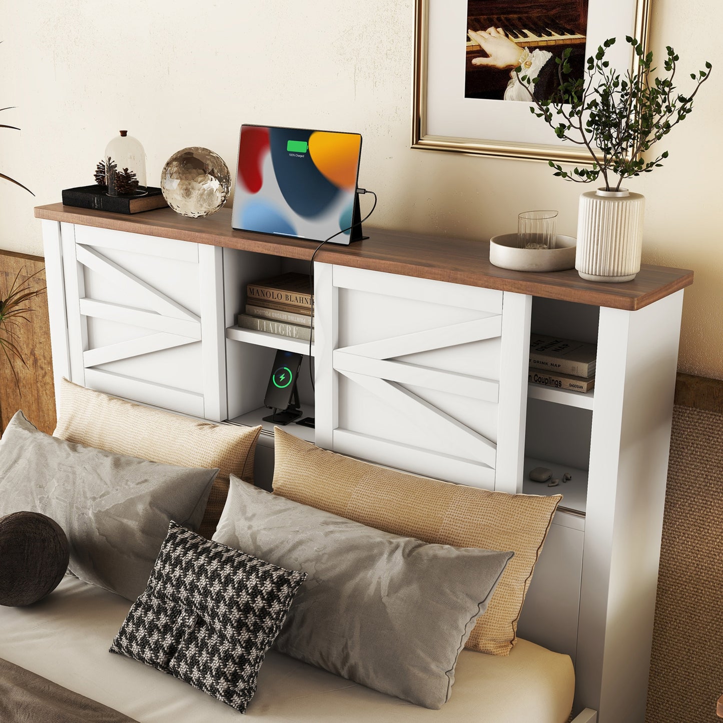 3-Pieces Bedroom Sets Full Size Farmhouse Platform Bed With Double Sliding Door Storage Headboard And Charging Station, Storage Nightstand And Dresser, White Brown Old SKU HL000091AAK