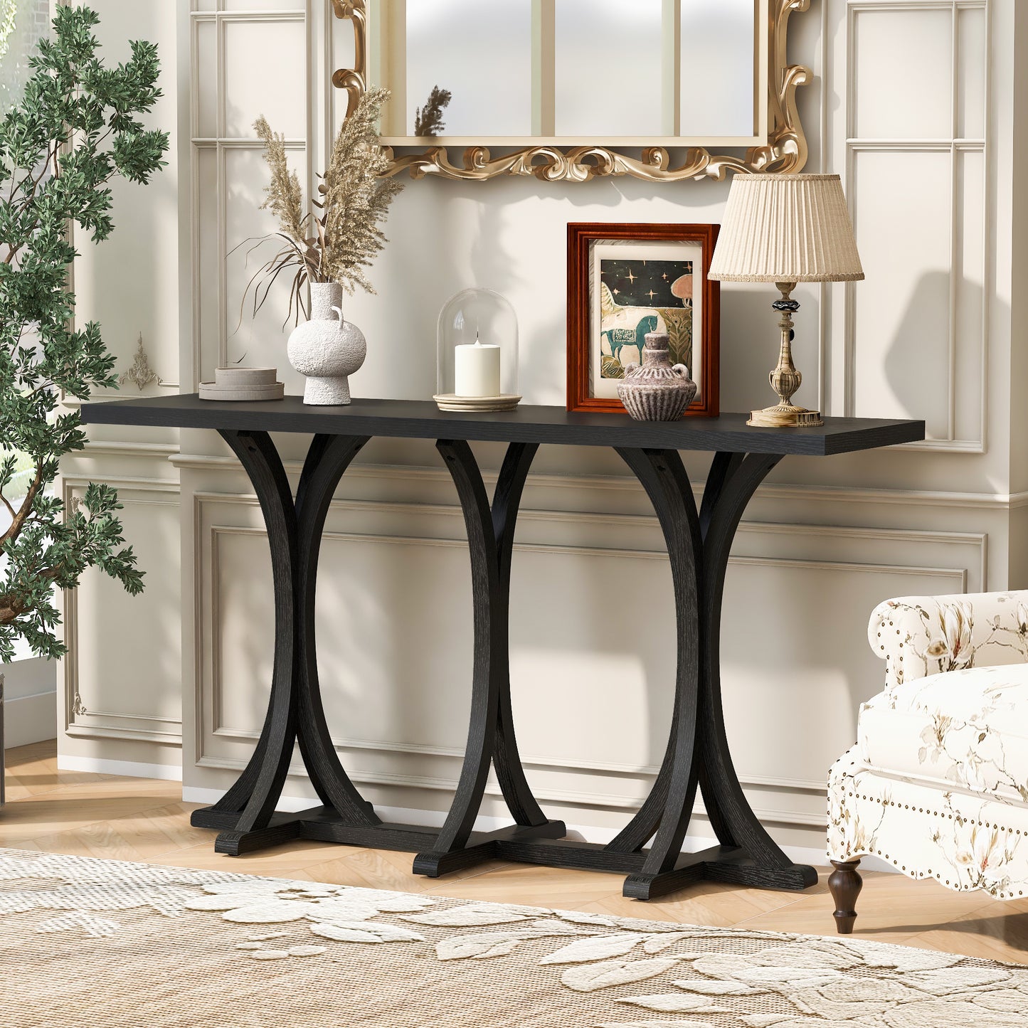 U- Style 59.8  Wooden Console Table With Oak Veneer Top Farmhouse Entryway Table With Rubber Wood Slender Curved Legs Perfect For Living Room Entryway Hallway  Dining Spaces.