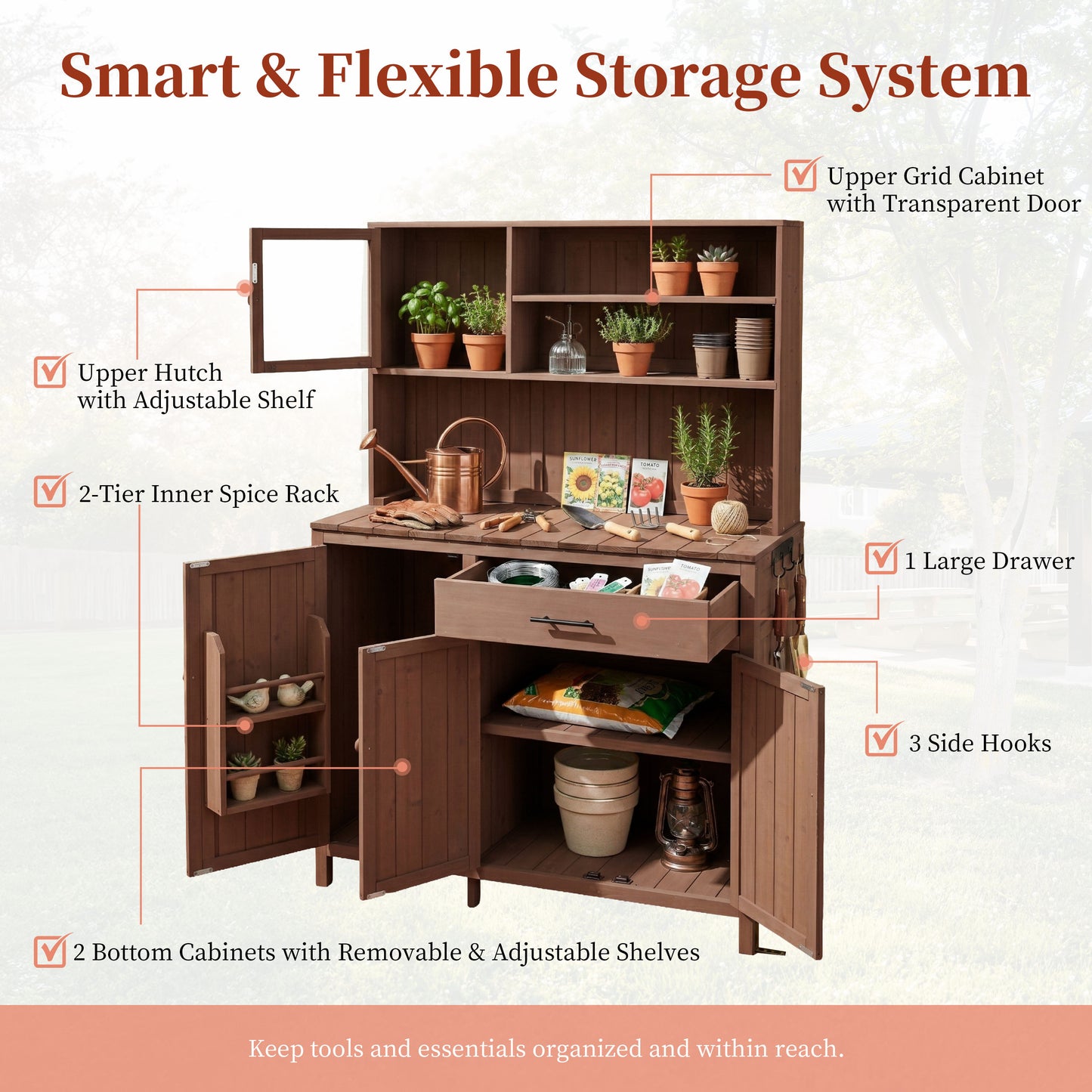 With Assembly Video  TOPAMx Potting Bench With Hutch  65  H Solid Fir Wood Garden Workstation  Large Countertop  Patio Kitchen Island With Adjustable Shelves  Spice Rack  Side Hook And Drawer  Brown