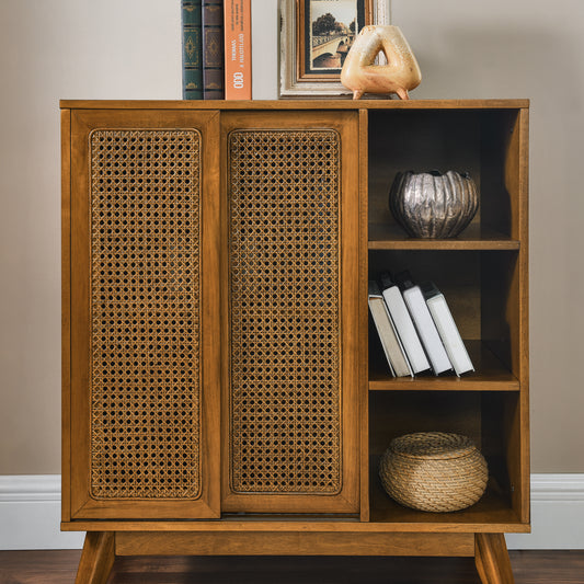 Mid Century Modern Rattan Sideboard Cabinet, Buffet Cabinet For Entryway Hallway Living Room Kitchen Dining Room, Adjustable Shelf & Solid Wood Feet & Rattan Cabinet Doors - Light Wood